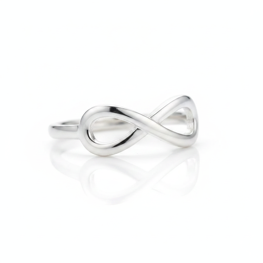Infinity Symbol Silver Ring Pure White Background Tilted Reflection 1x1