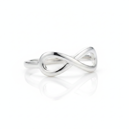 Infinity Symbol Silver Ring Pure White Background Tilted Reflection 1x1