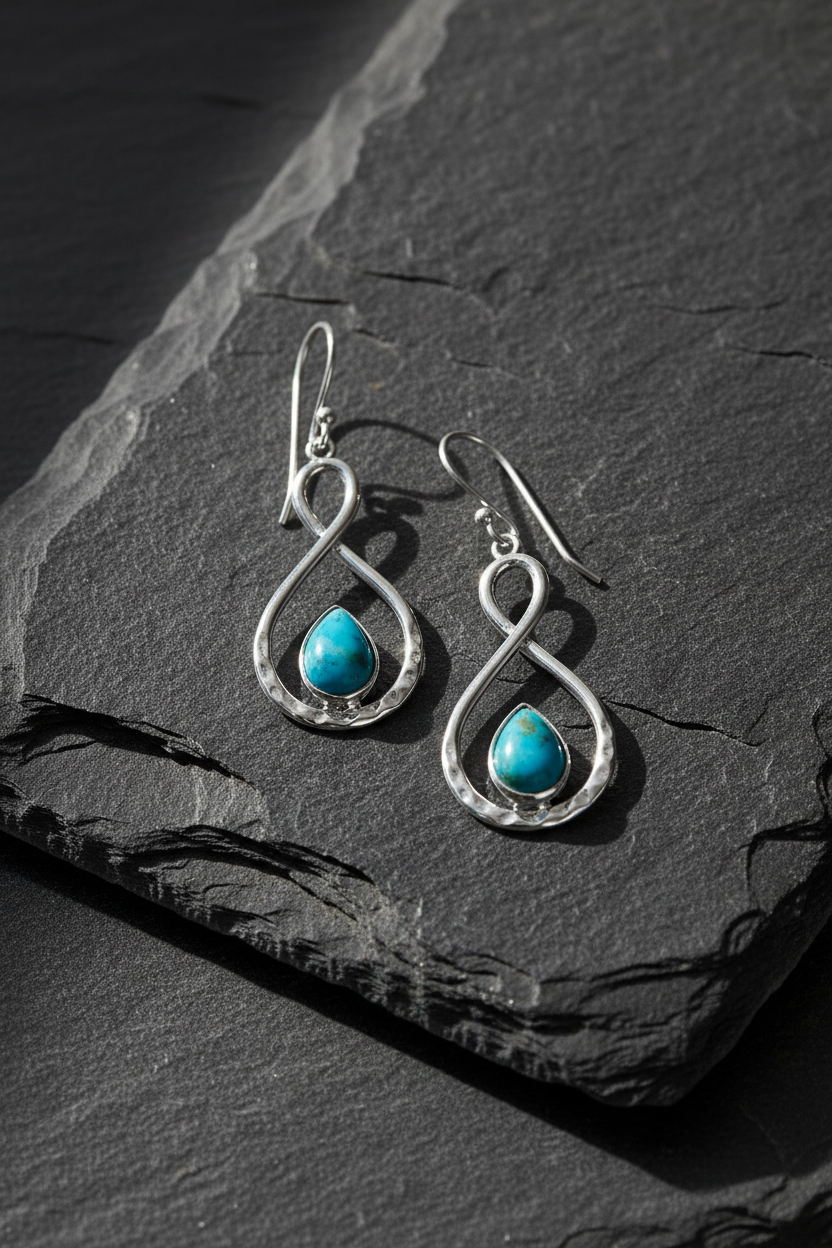 Infinity turquoise earrings on slate stone