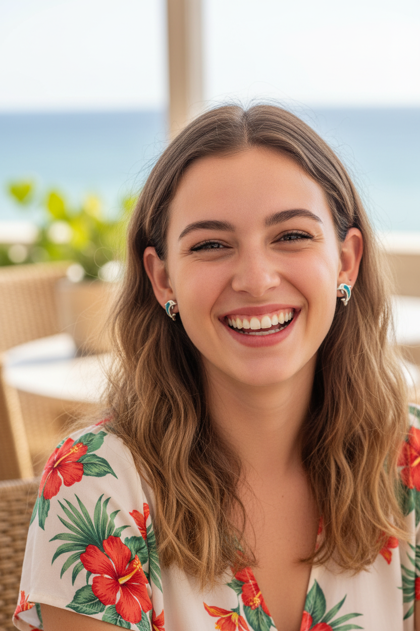Joyful coastal cafe portrait