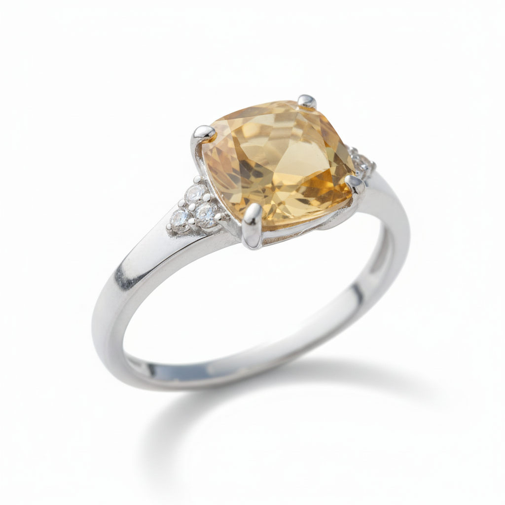 Large Cushion Citrine Ring Tilted Side Angle Pure White Background 1x1