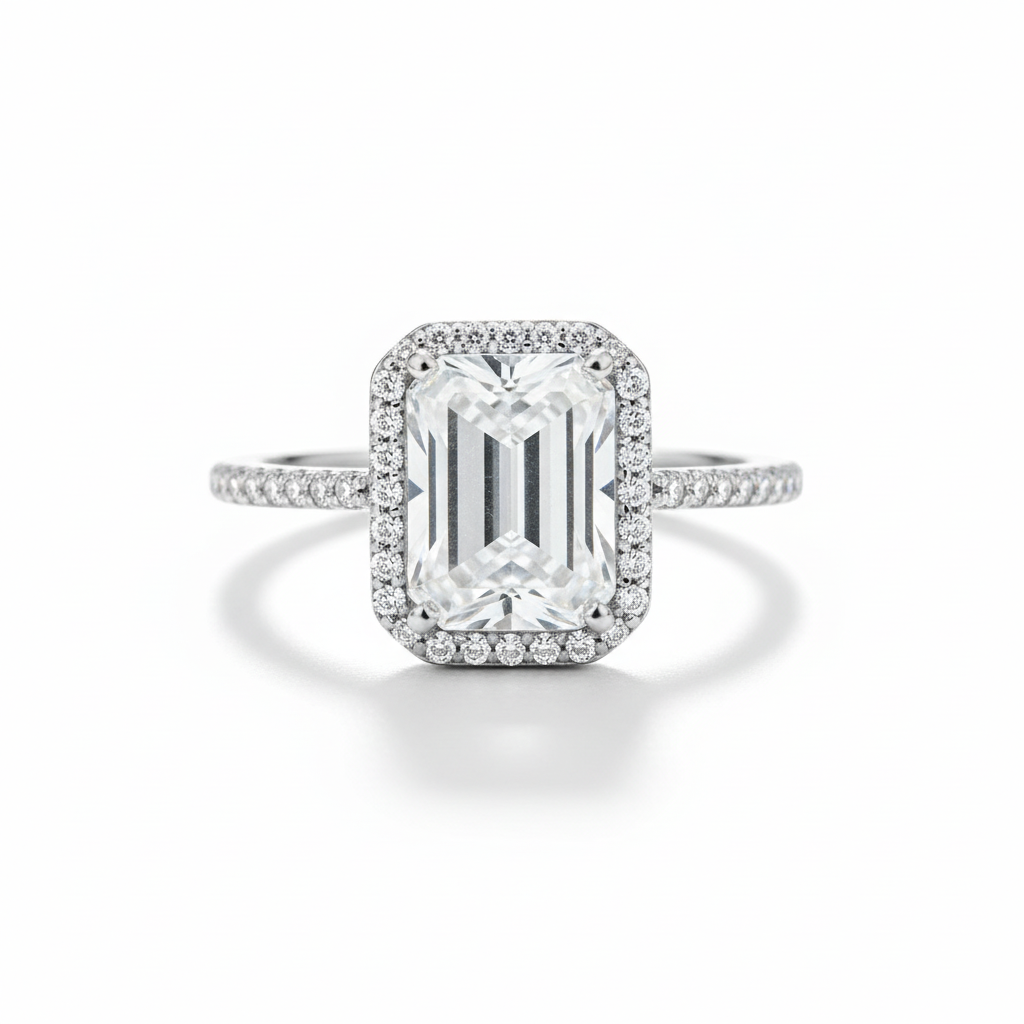 Large Emerald Cut CZ Halo Ring Tilted White Background 1x1