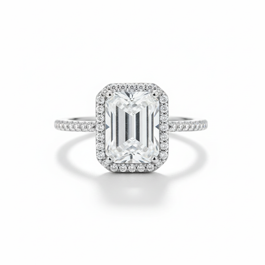 Large Emerald Cut CZ Halo Ring Tilted White Background 1x1