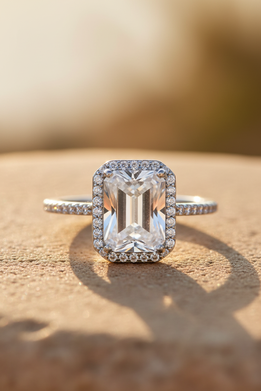 Large Emerald Cut CZ Rectangular Halo Pave Band Silver Ring Sunlight Background