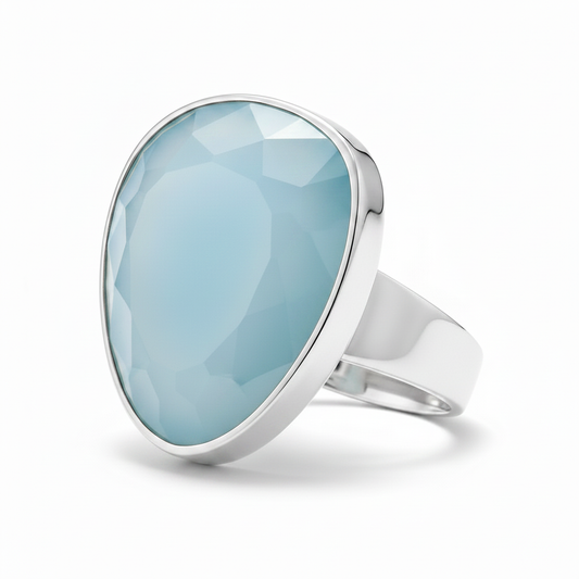 Large Freeform Rose Cut Aqua Chalcedony Full Silver Ring Pure White Background 1x1