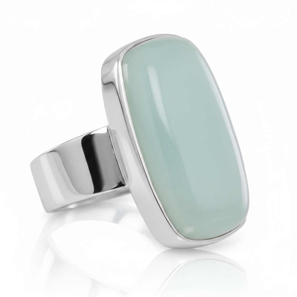 Large Oblong Aqua Chalcedony Modern Minimalist Wide Band Silver Ring Pure White Background Tilted Reflection 1x1