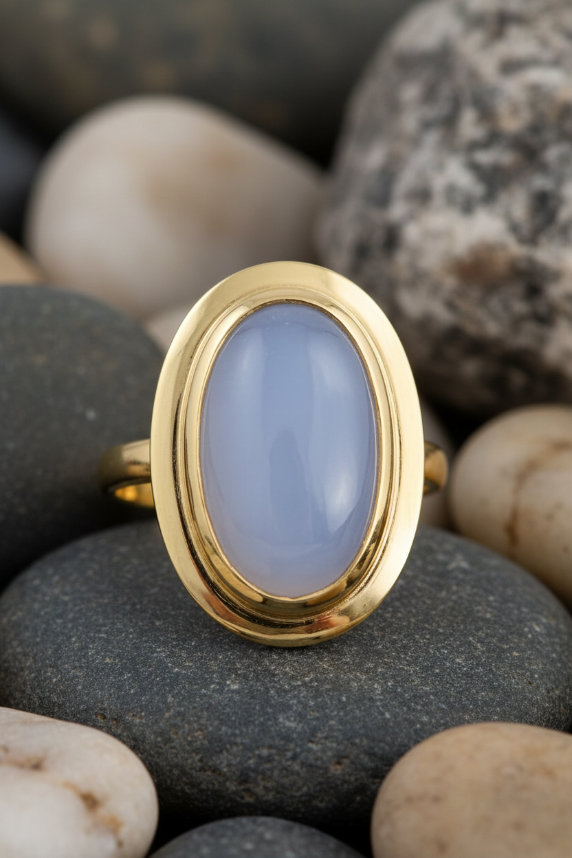 Large Oval Chalcedony Wide Bezel Polished Gold Ring Rock Background