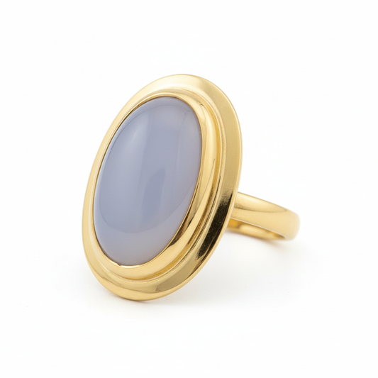 Large Oval Chalcedony Wide Bezel Polished Gold Ring White Background HD