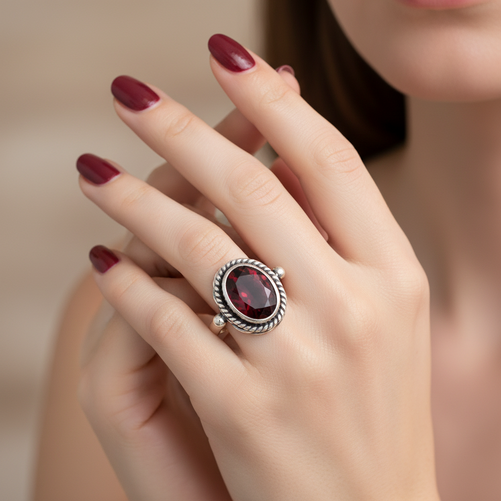 Large Oval Garnet Double Rope Bezel Ball Silver Ring Elegant Female Model Hand Warm Bokeh Lifestyle 1x1
