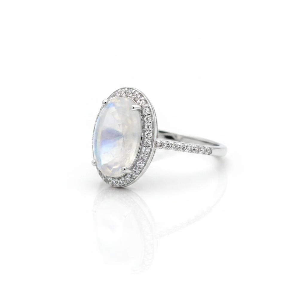 Large Oval Moonstone CZ Halo Pave Band Silver Ring Pure White Background Tilted Clear 1x1