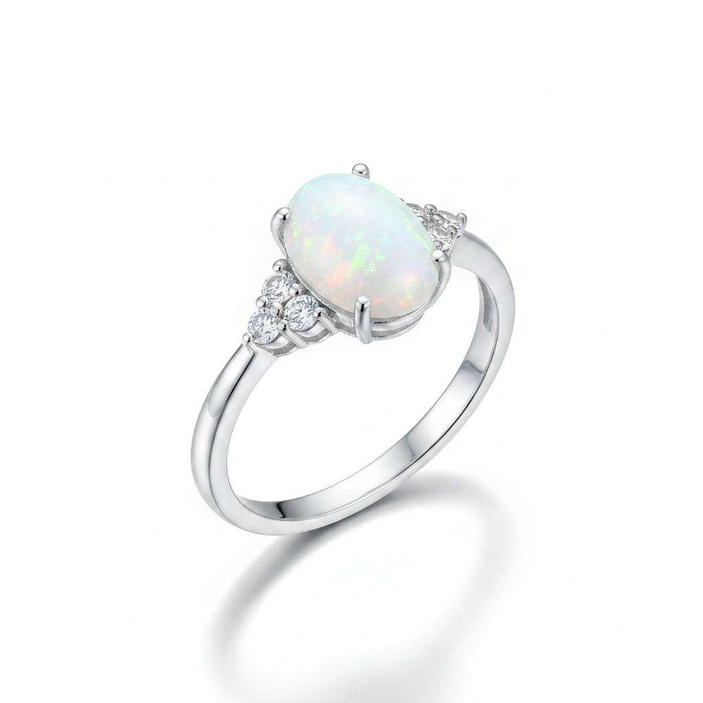 Large Oval Opal CZ Cluster Silver Ring Pure White Background Tilted 1x1