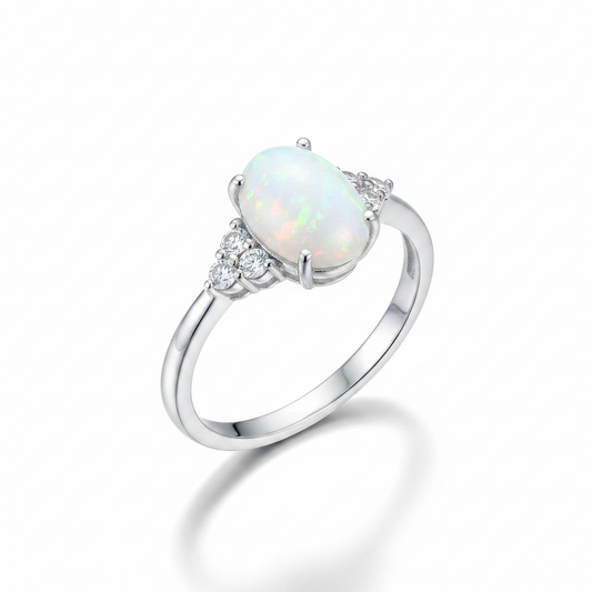 Large Oval Opal CZ Cluster Silver Ring Pure White Background Tilted 1x1