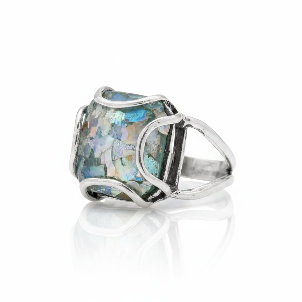 Large Rectangle Roman Glass Open Frame Oxidized Silver Ring Pure White Background Tilted Reflection 1x1