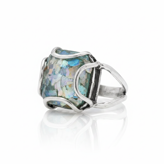 Large Rectangle Roman Glass Open Frame Oxidized Silver Ring Pure White Background Tilted Reflection 1x1