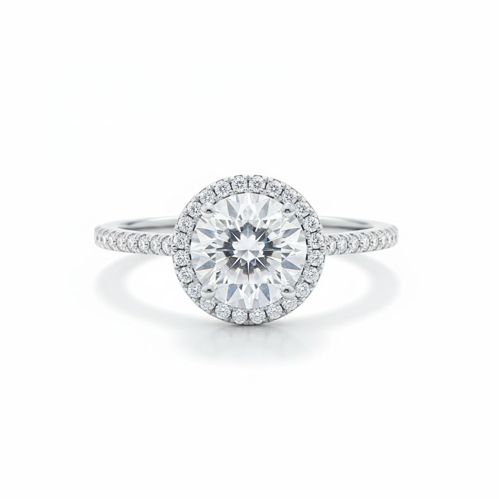 Large Round CZ Halo Ring Front View Pure White Background 1x1