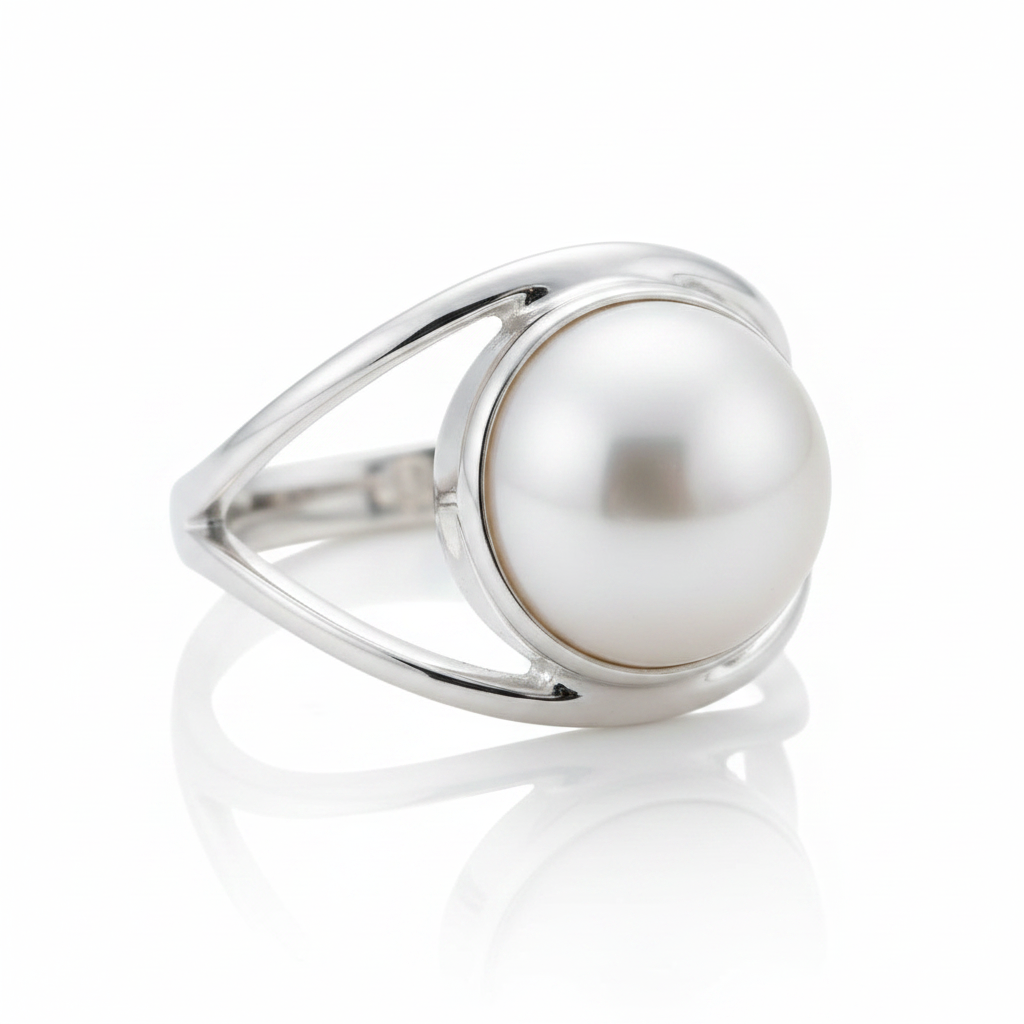 Large Round Mabe Pearl Modern Split Shank Silver Ring Pure White Background Tilted Reflection 1x1