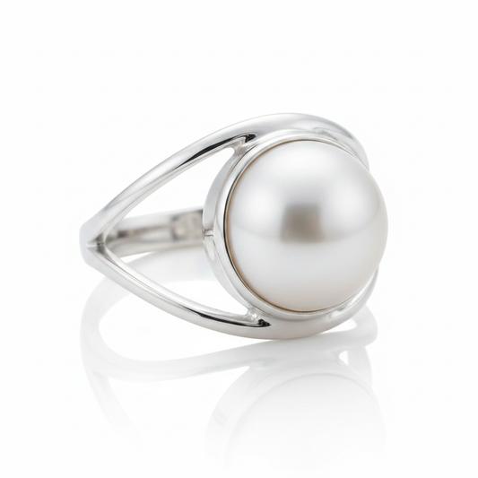 Large Round Mabe Pearl Modern Split Shank Silver Ring Pure White Background Tilted Reflection 1x1