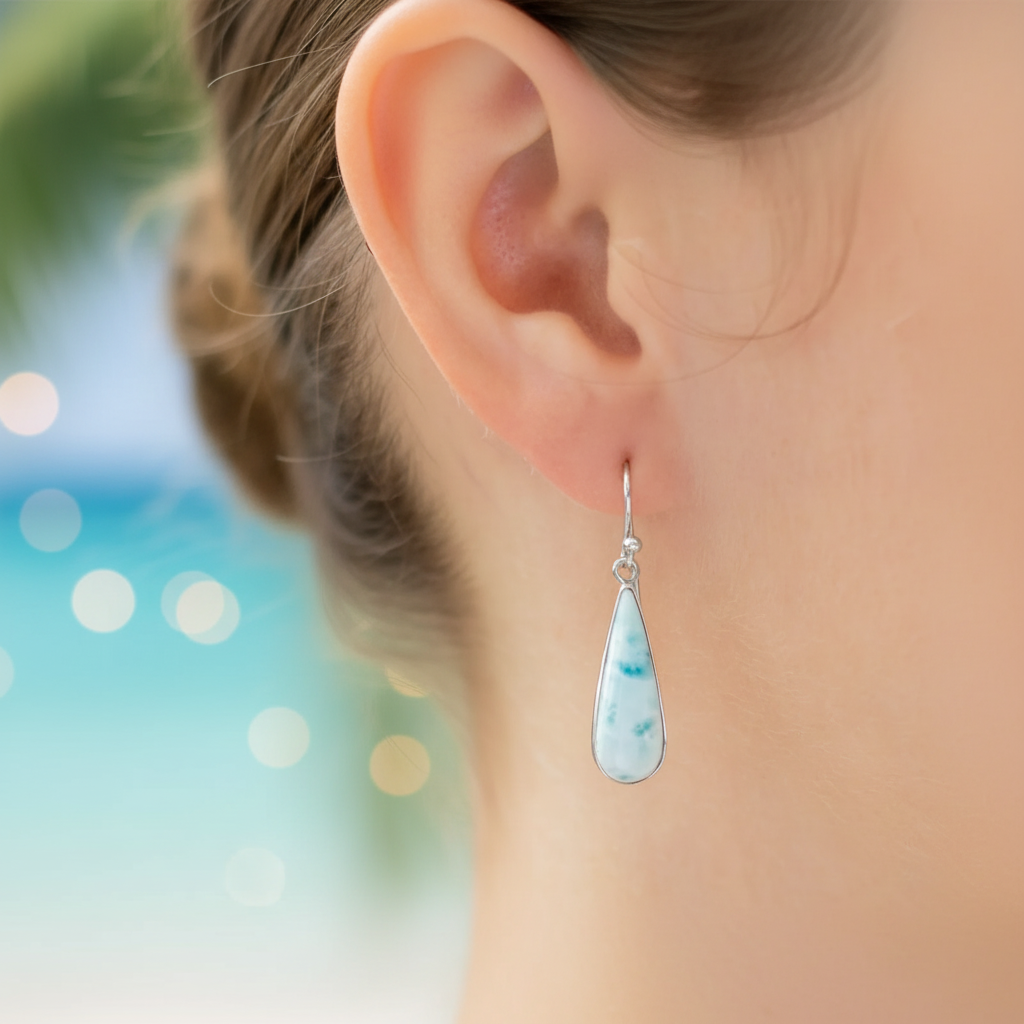 Larimar Teardrop Drop Earring Sterling Silver Elegant Model Ear Tropical Ocean Background Sharp Clear 1x1