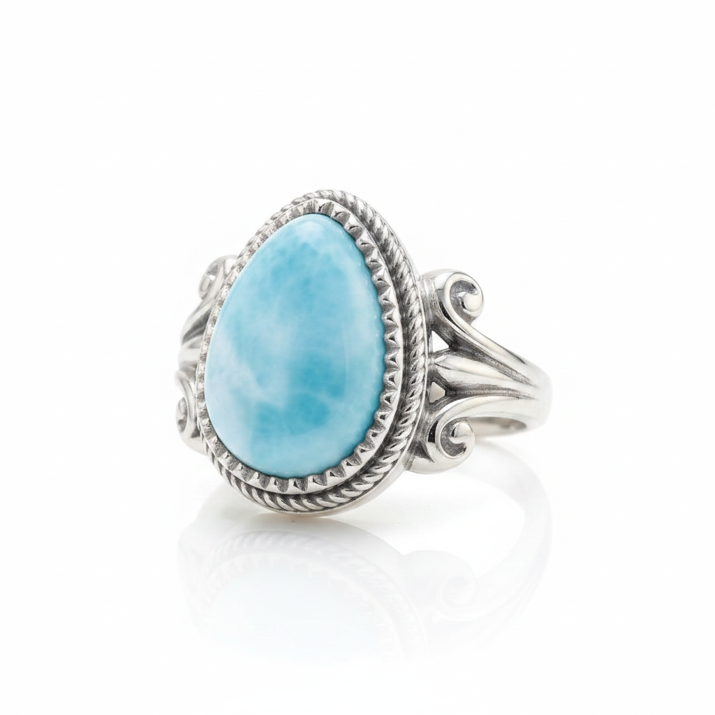 Larimar Teardrop Filigree Scroll Silver Ring Pure White Background Tilted Reflection 1x1