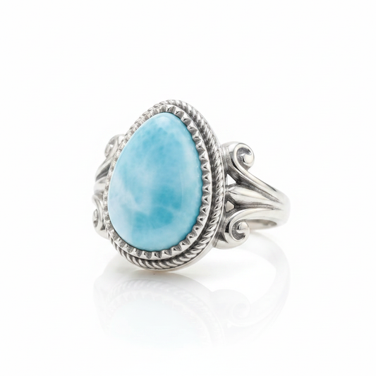 Larimar Teardrop Filigree Scroll Silver Ring Pure White Background Tilted Reflection 1x1