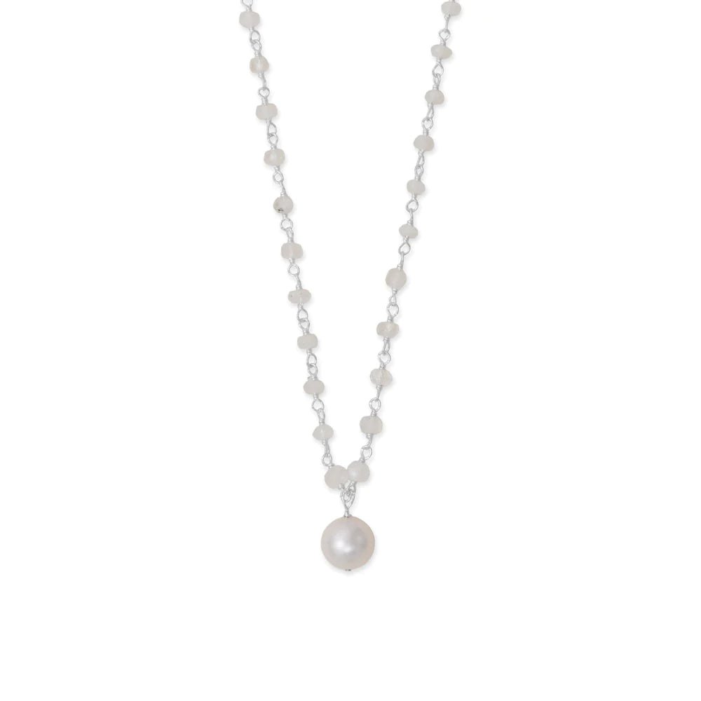 16" + 2" Rainbow Moonstone and Cultured Freshwater Pearl Drop Necklace