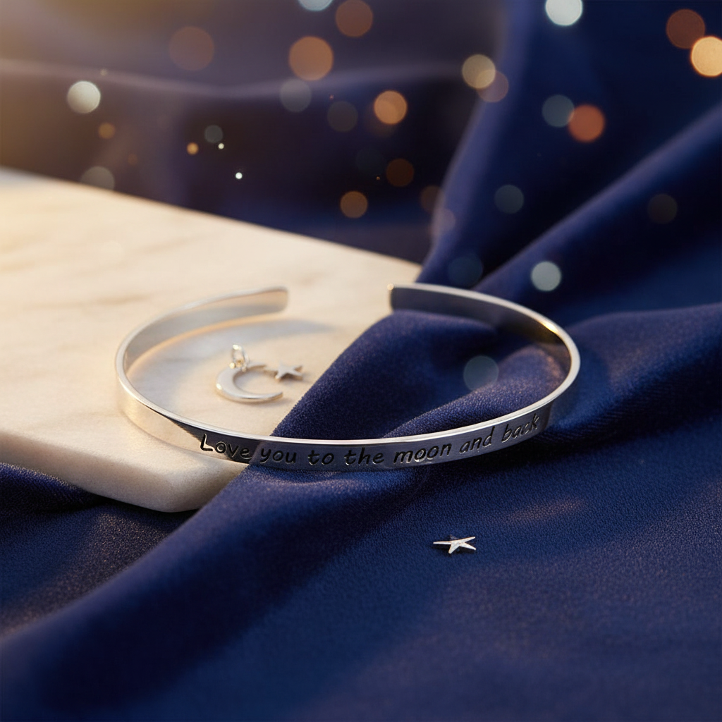 Love You to the Moon cuff bracelet with elegant background