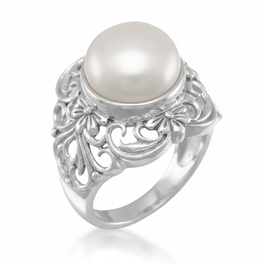 Mabe Pearl Victorian Filigree Cocktail Silver Ring Front Reference Pure White Background Tilted 1x1
