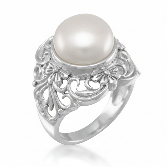 Mabe Pearl Victorian Filigree Cocktail Silver Ring Front Reference Pure White Background Tilted 1x1
