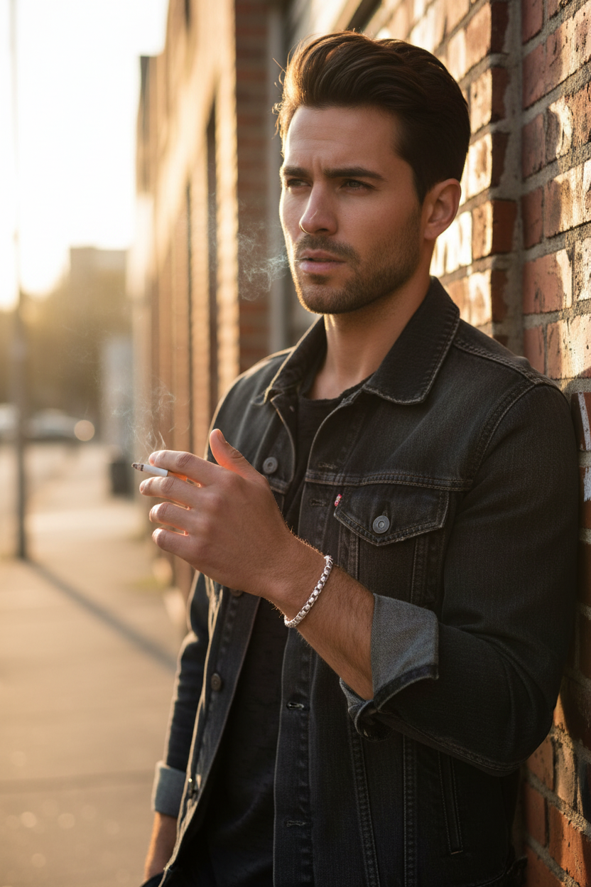 Male model smoking outdoors wearing box chain bracelet
