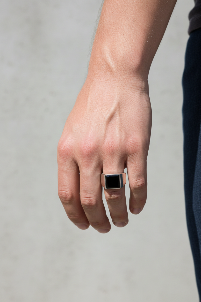 Male model wearing black onyx signet ring - side angle