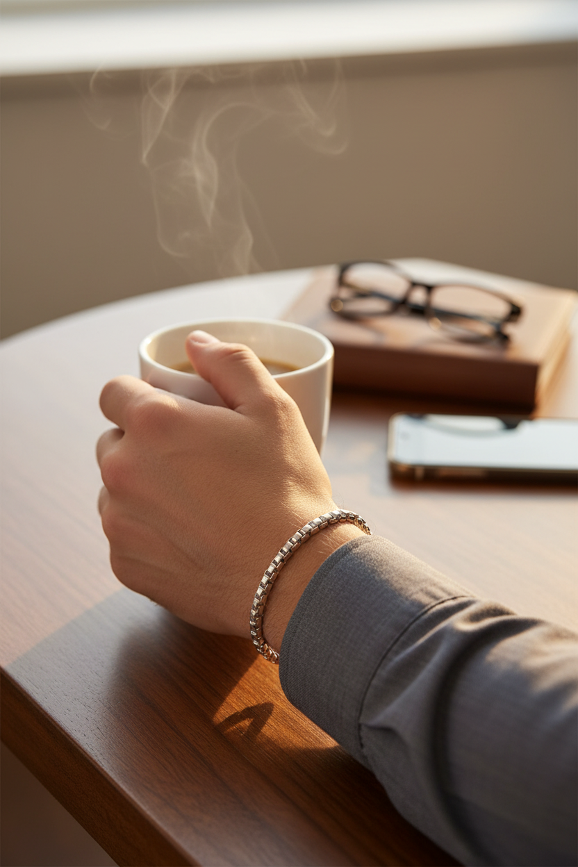 Male model wearing box chain bracelet - lifestyle scene