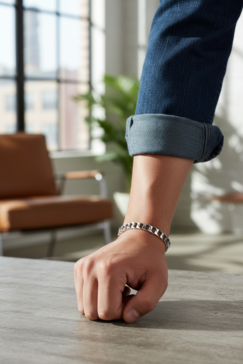 Male model wearing Cuban link chain bracelet - casual style