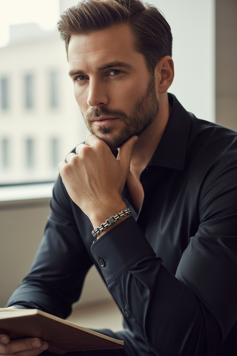 Male Model Wearing Silver-Tone Chain Link Bracelet