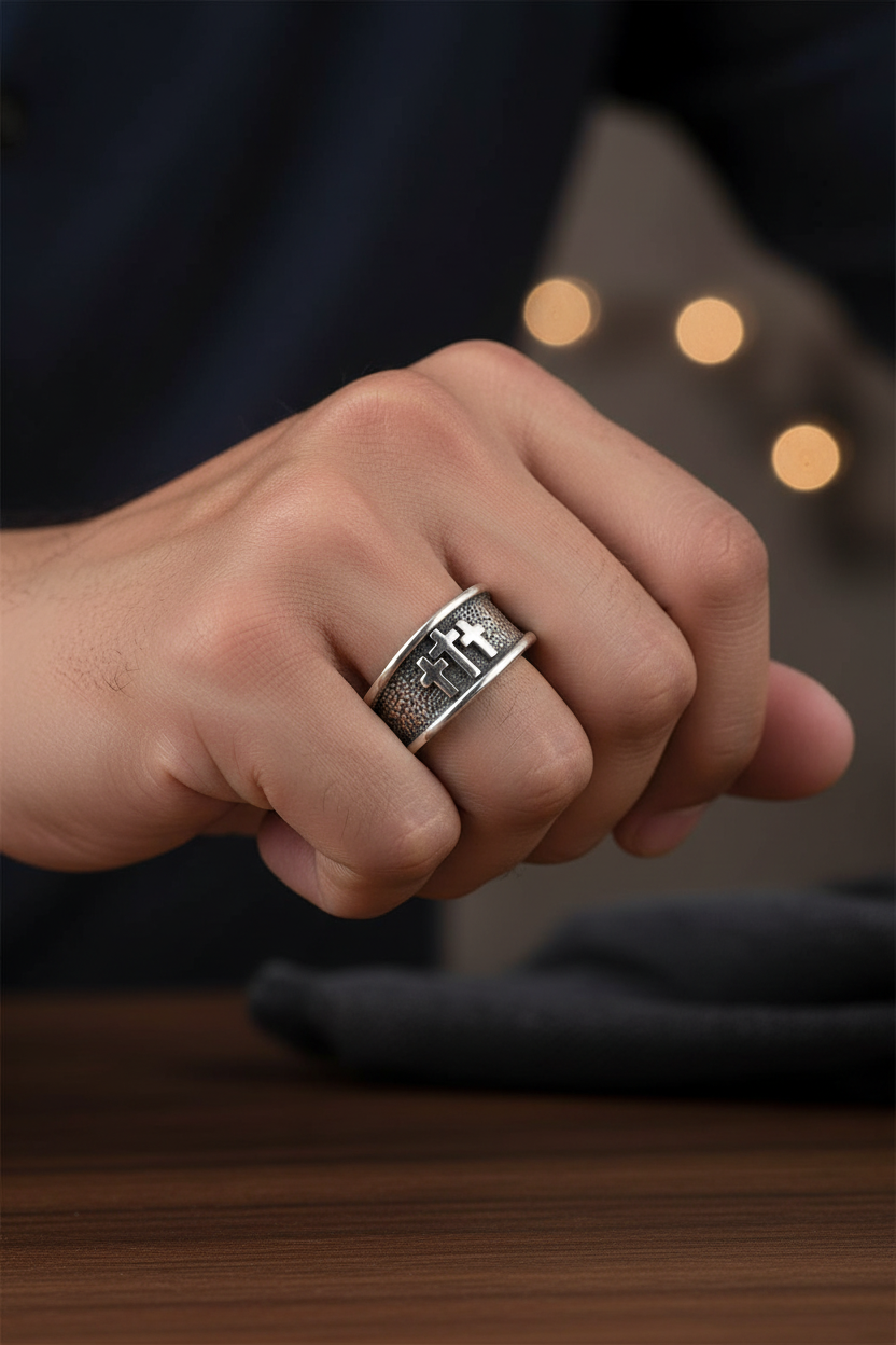Male model wearing three crosses ring - close-up