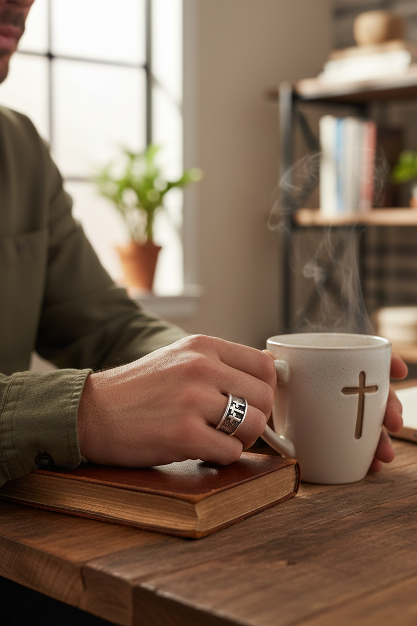 Male model wearing three crosses ring - lifestyle scene