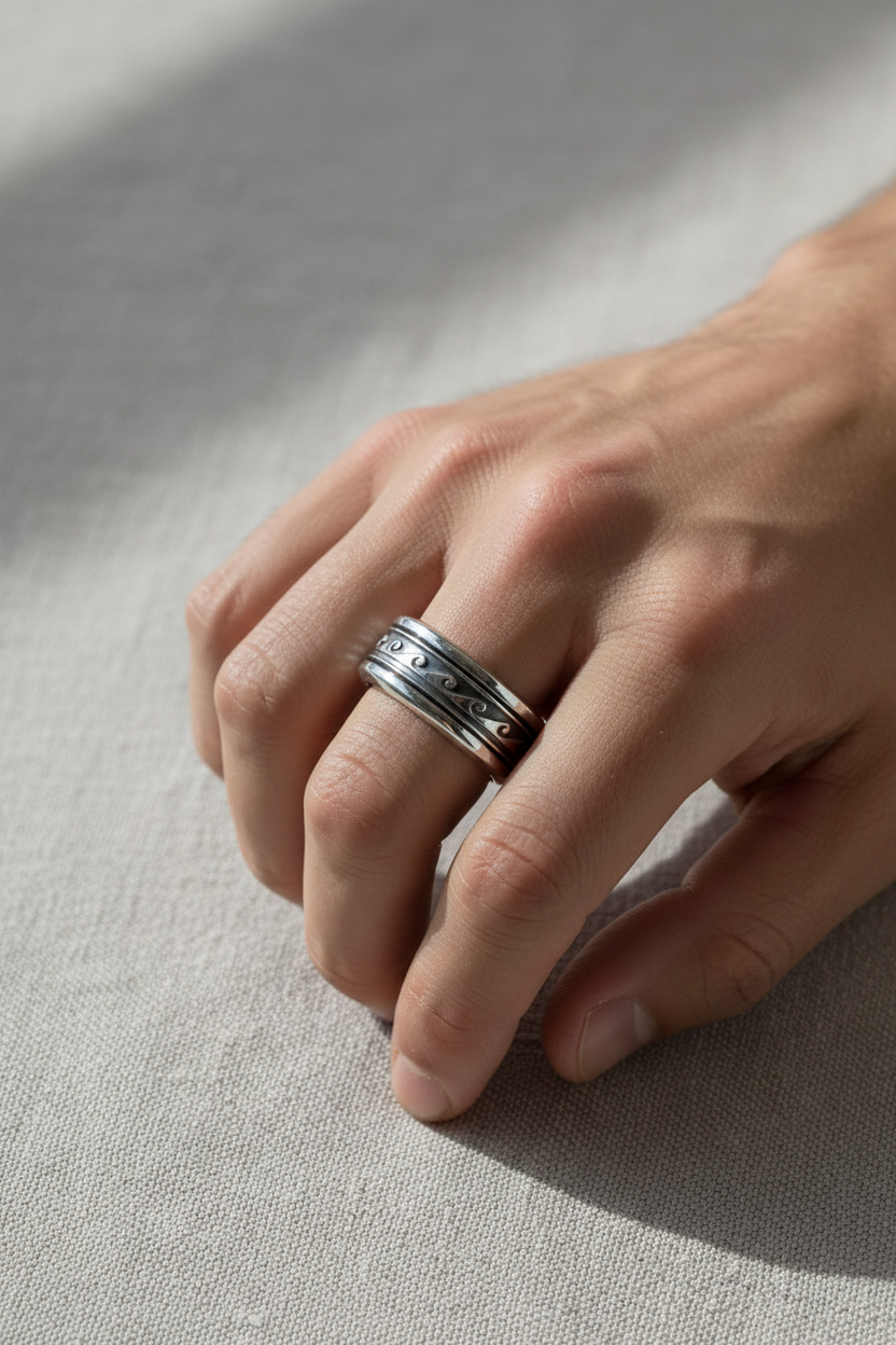 Male model wearing wave pattern spinner ring - calm pose