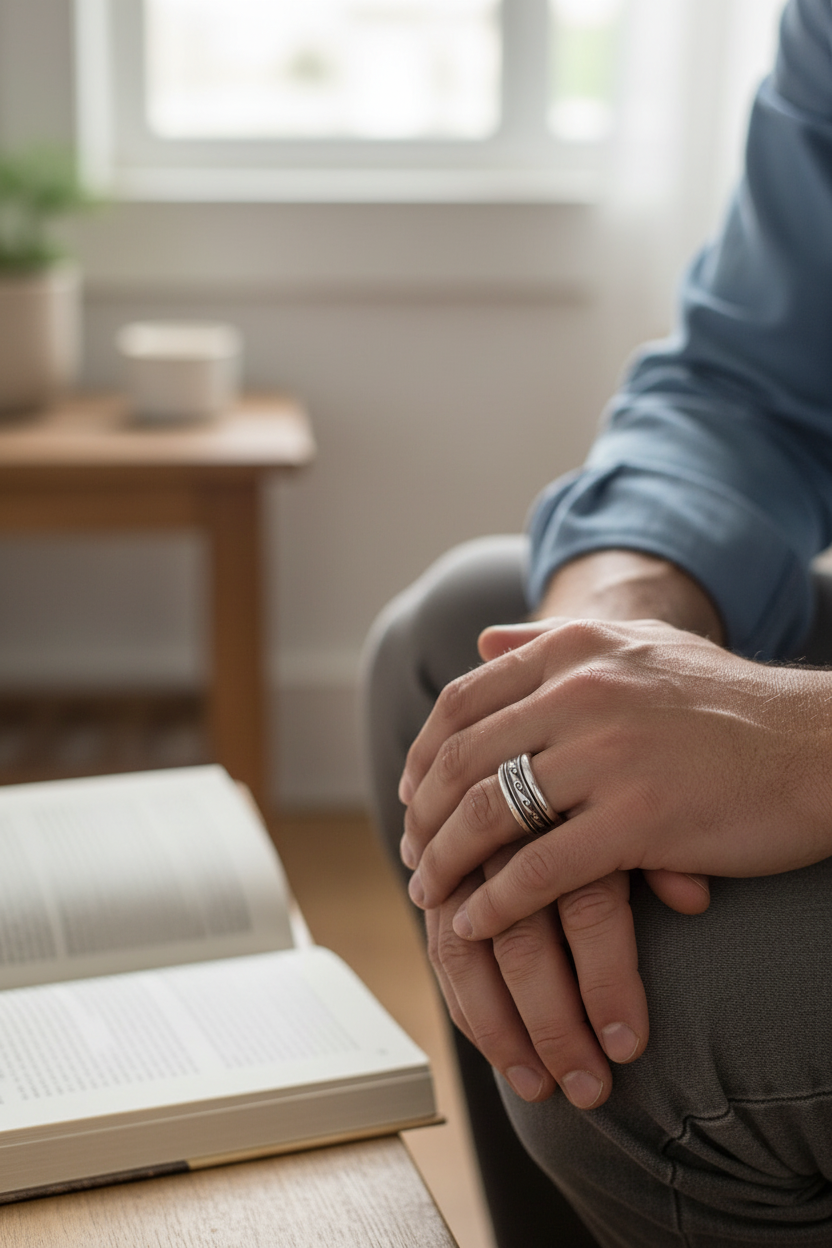 Male model wearing wave pattern spinner ring - casual style