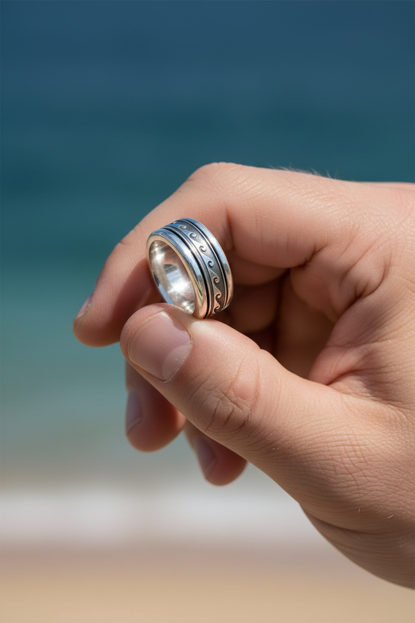 Male model wearing wave pattern spinner ring - close-up