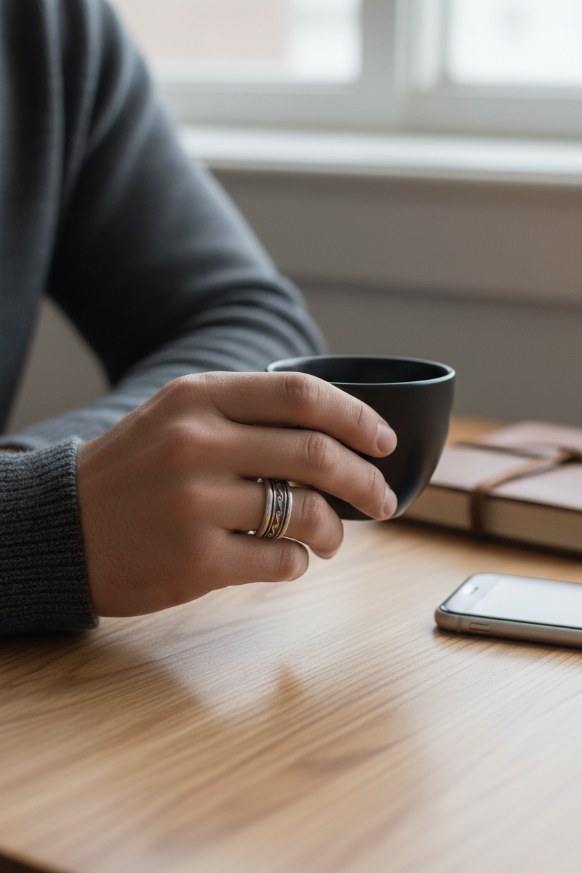 Male model wearing wave pattern spinner ring - lifestyle scene