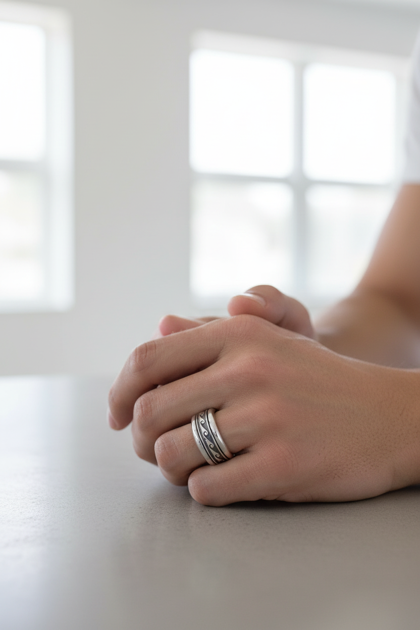 Male model wearing wave pattern spinner ring - side angle