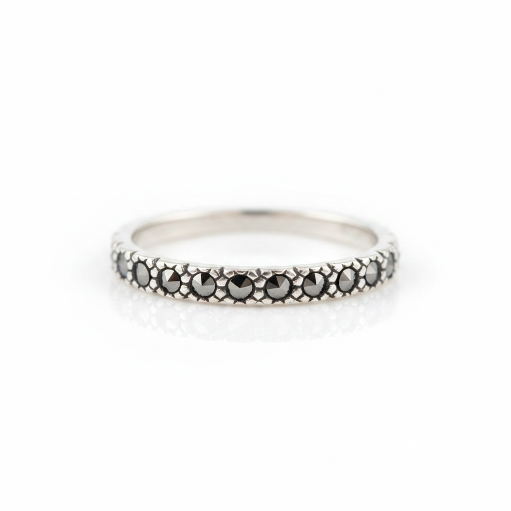 Marcasite Half Eternity Band Oxidized Silver Ring Pure White Background Tilted Reflection 1x1