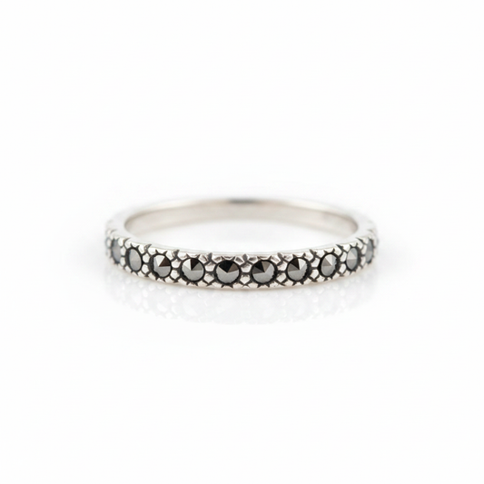 Marcasite Half Eternity Band Oxidized Silver Ring Pure White Background Tilted Reflection 1x1
