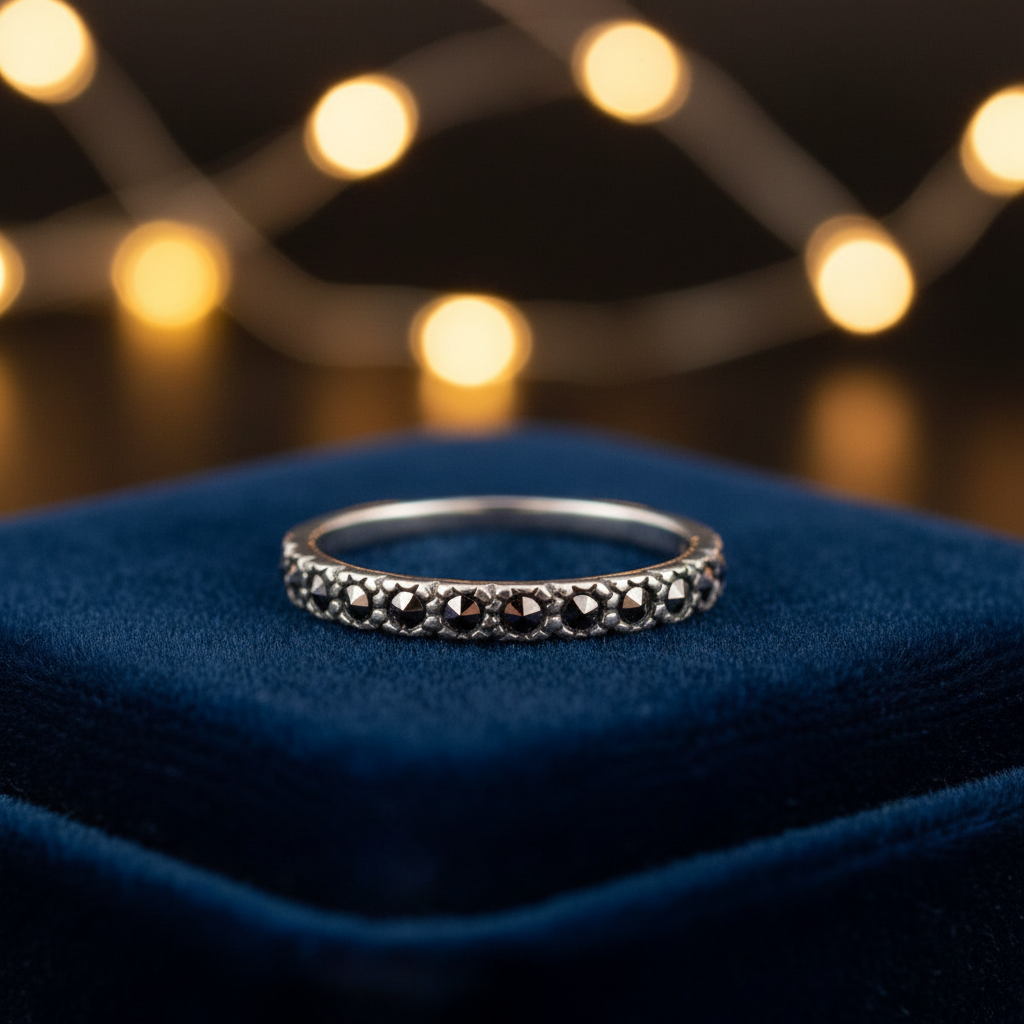 Marcasite Half Eternity Band Silver Ring Beautiful Bokeh Light Background 1x1