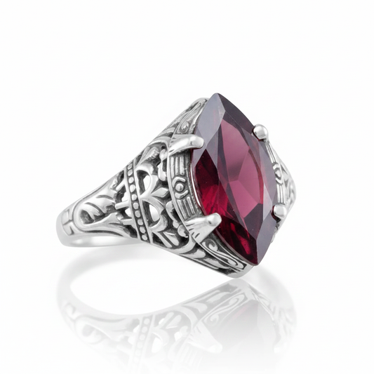Marquise Garnet Victorian Filigree Silver Ring Supplier Front Reference Pure White Background Tilted Reflection 1x1