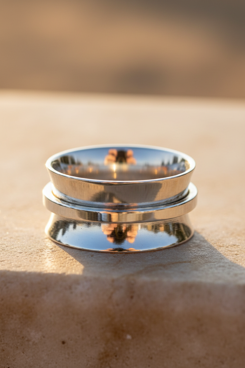 Meditation Spinner Ring Wide Band Mirror Polish Silver Sunlight Background