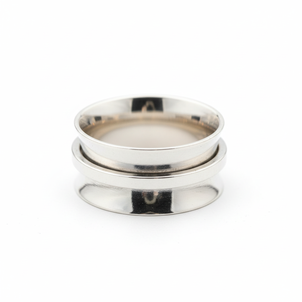 Meditation Spinner Ring Wide Band Mirror Polish Tilted White Background 1x1