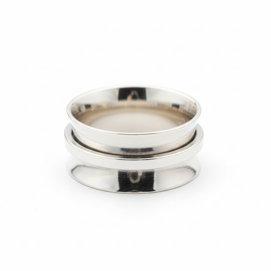 Meditation Spinner Ring Wide Band Mirror Polish Tilted White Background 1x1