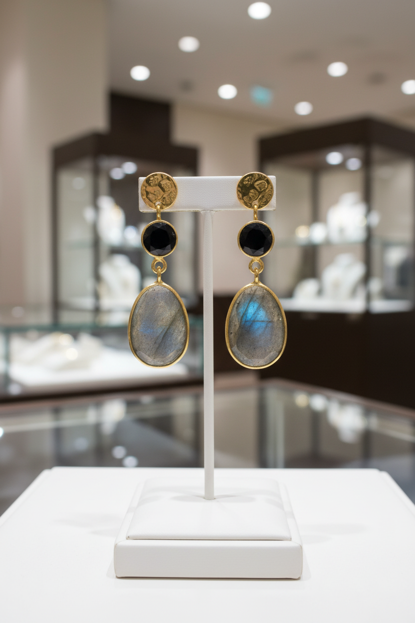 Midnight flash earrings in luxury boutique