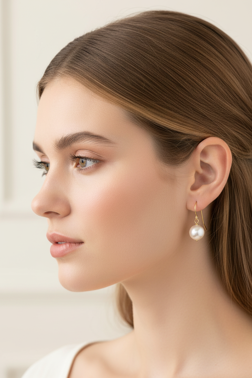 Model wearing Akoya pearl earrings - side profile