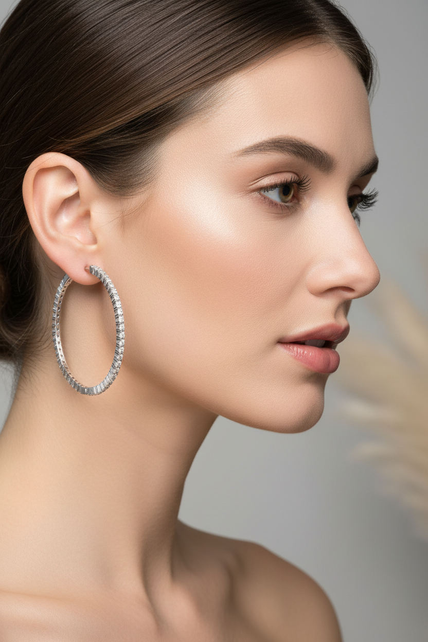 Model wearing classic CZ hoop earrings - side profile